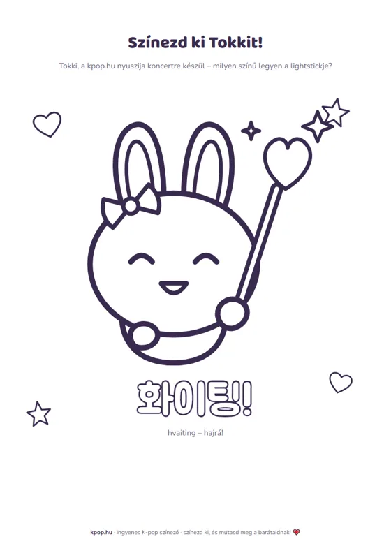 K-pop színező: Tokki nyuszi lightstickkel, 화이팅 felirat