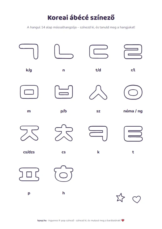 Koreai ábécé színező: a hangul 14 mássalhangzója